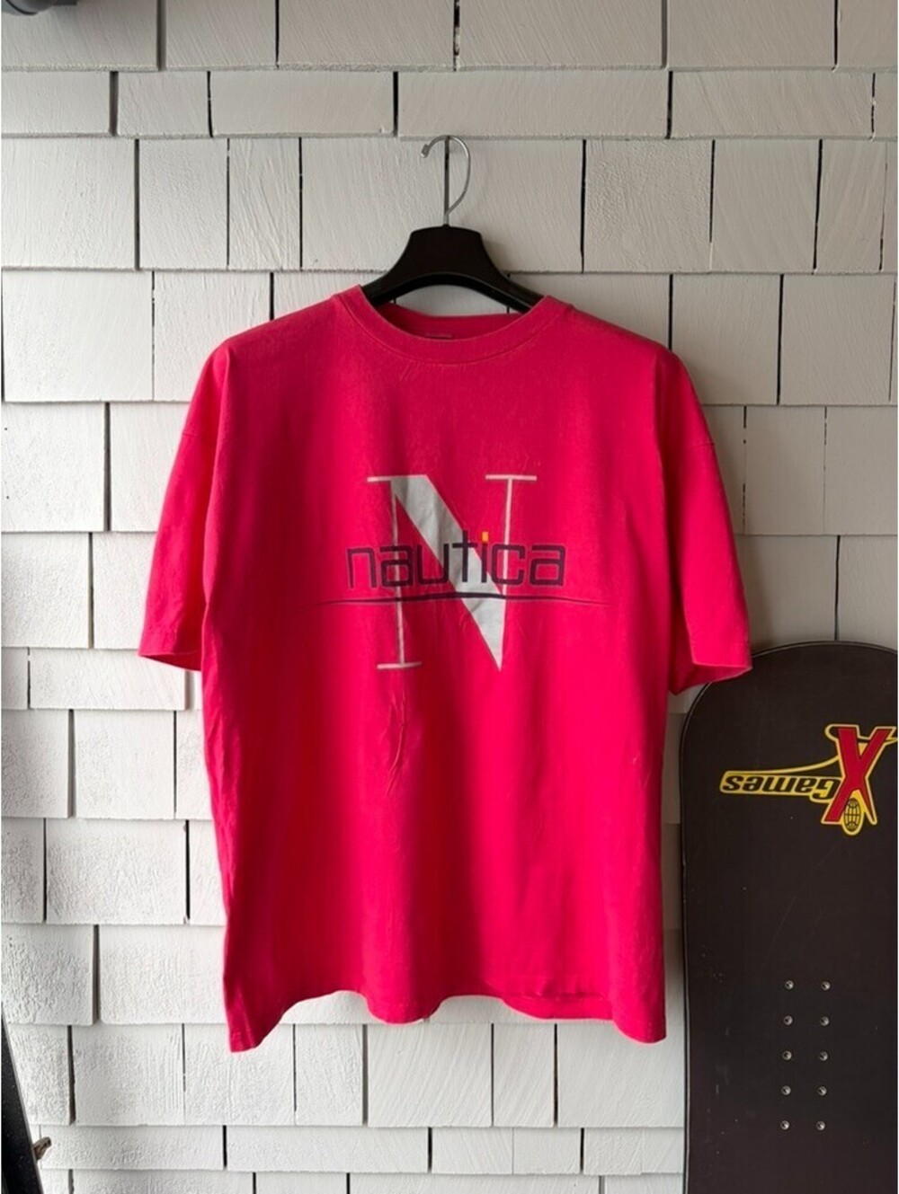 Vintage Nautica Spell Out Logo Tee Magenta Size XL Mens T Shirt Made In USA